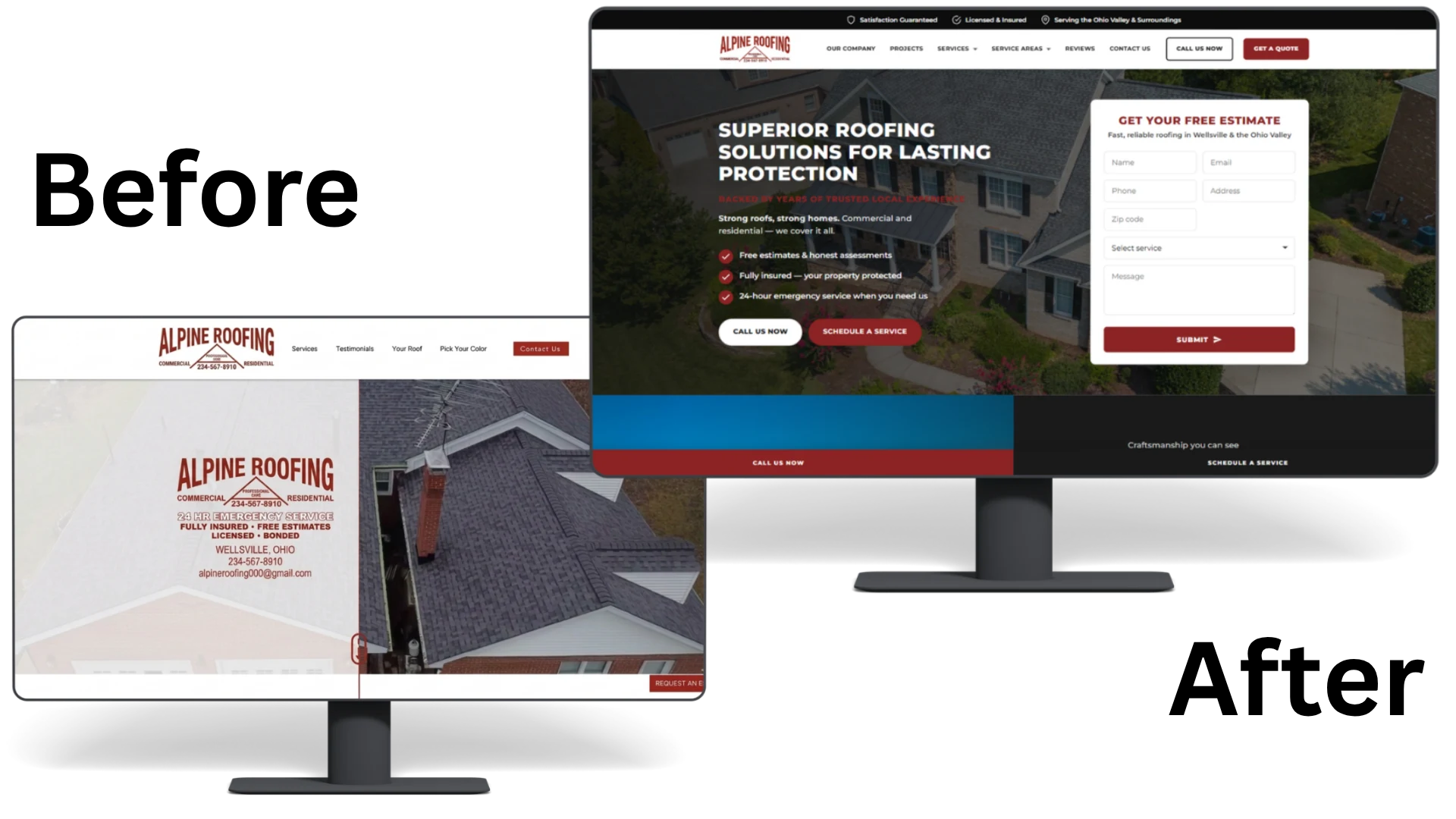 Alpine Roofing website before and after comparison