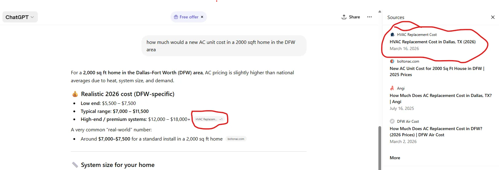 ChatGPT search results for AC unit cost in DFW