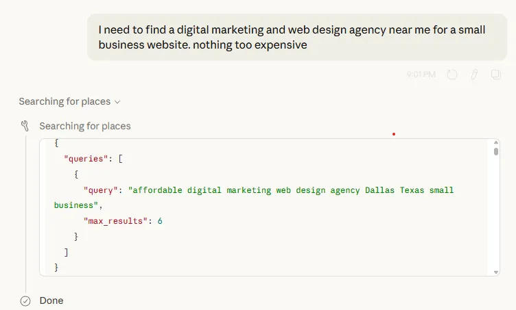 Claude AI search results showing local businesses