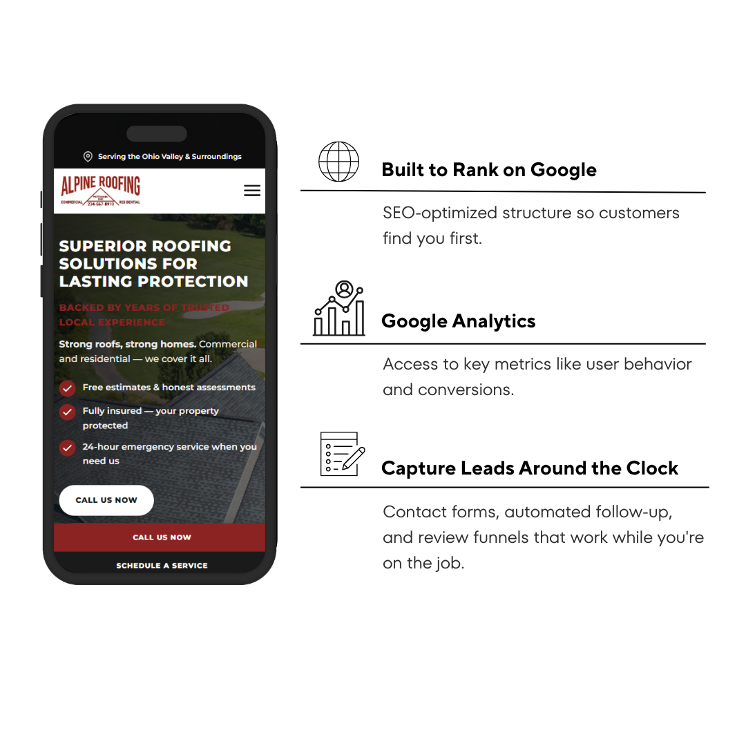 Custom code with no templates, built to rank on Google, and capture leads around the clock with contact forms, automated follow-up, and review funnels.