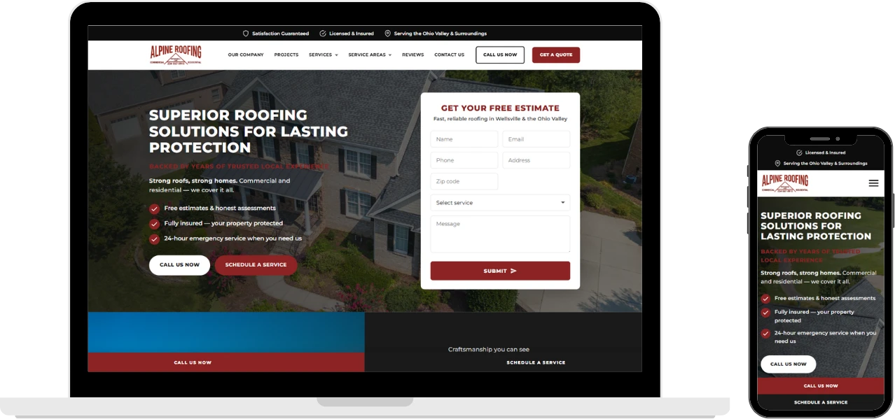 Alpine Roofing website on laptop and phone mockups