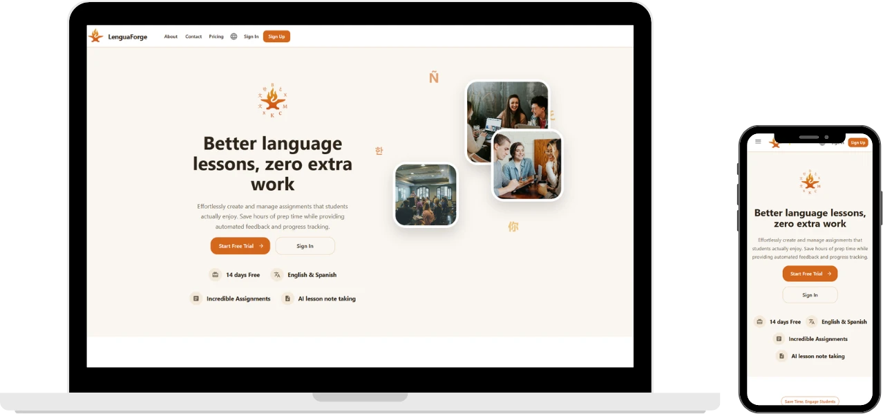 Lengua Forge web app on laptop and phone mockups